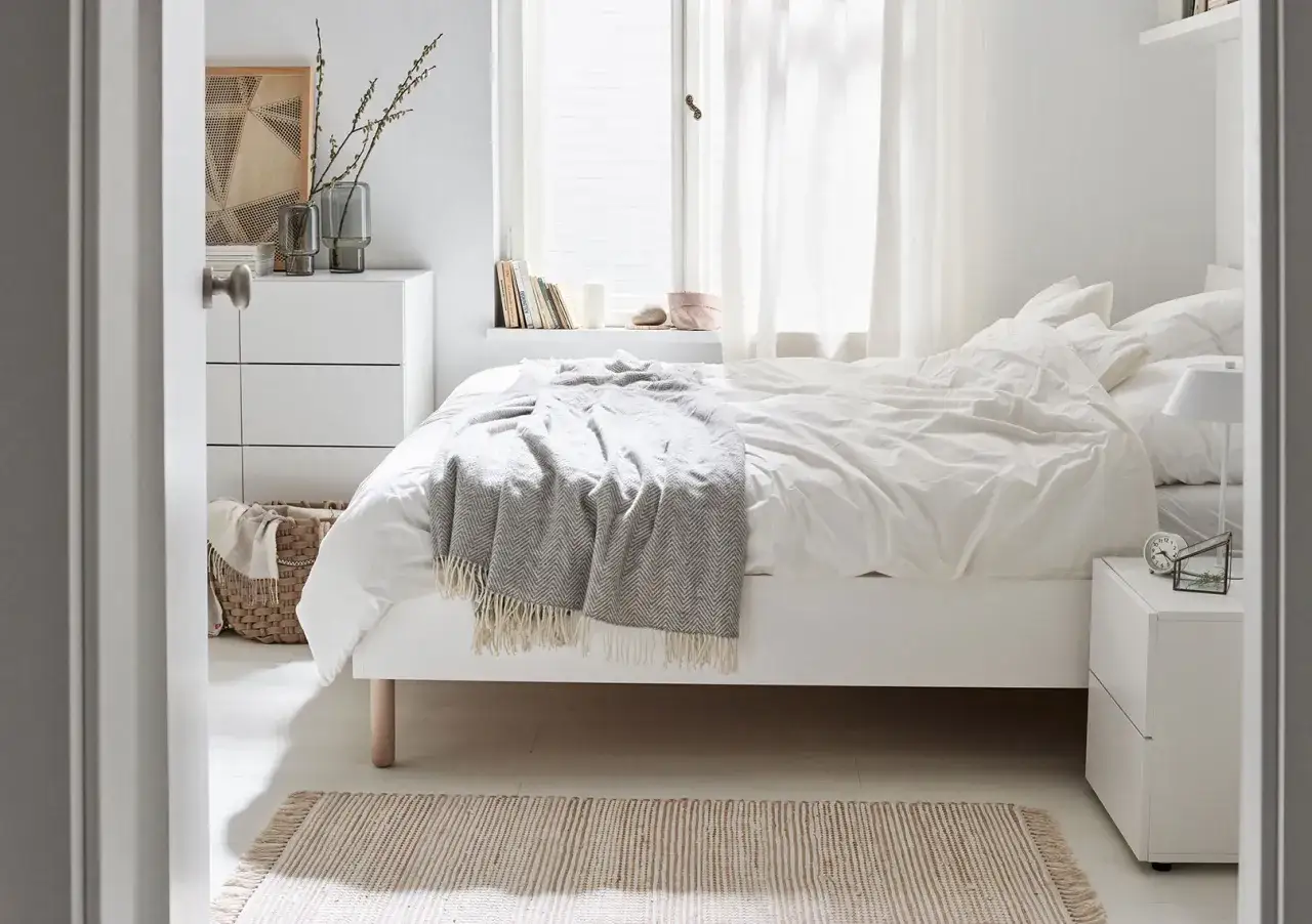 Jasna sypialnia z białymi meblami, w tym łóżkiem i komodą. Ściany są jasnoszare, tworząc spokojną atmosferę.