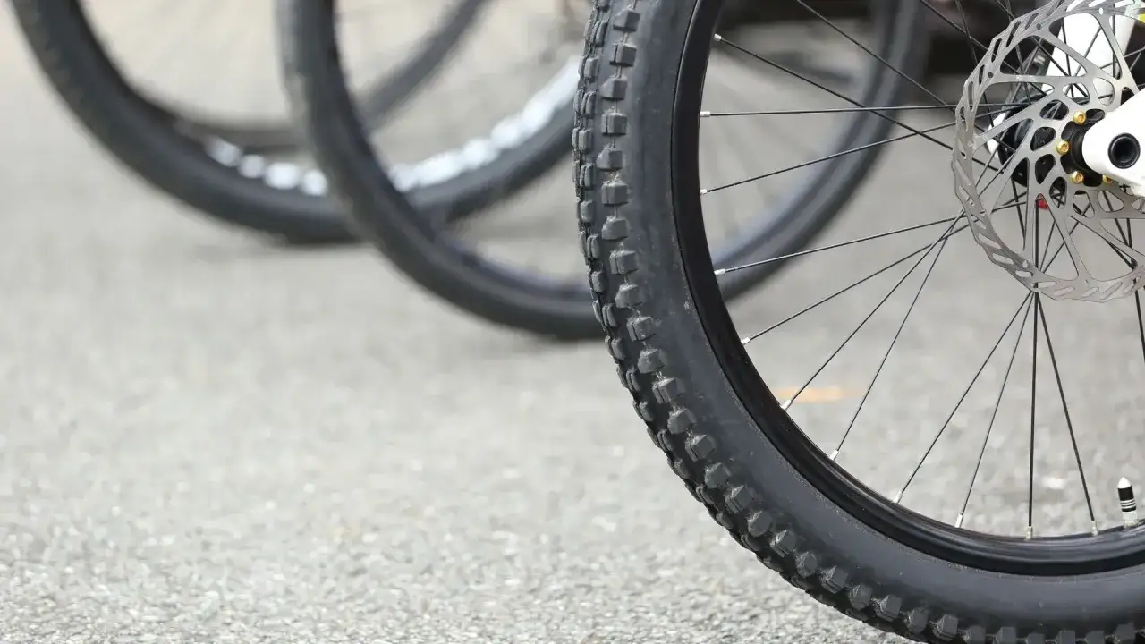 Koła rowerowe z grubym bieżnikiem. Czy to opona drutowa czy zwijana? Widać tarczę hamulcową.