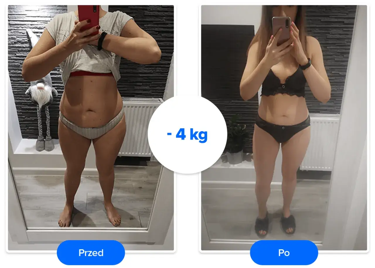 Metamorfoza po diecie Chodakowskiej: -4 kg. Kobieta prezentuje efekty odchudzania, widoczna zmiana sylwetki.