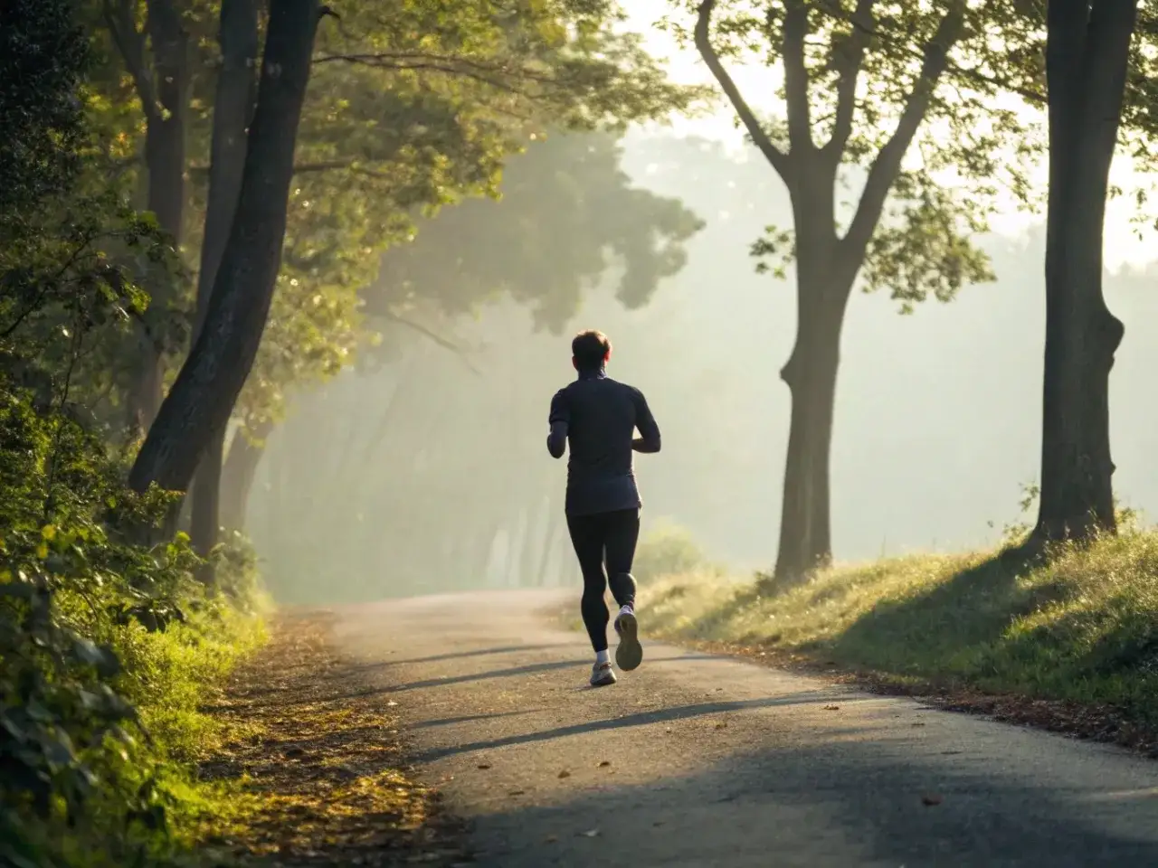 Biegacz w upale, wczesny poranek, las