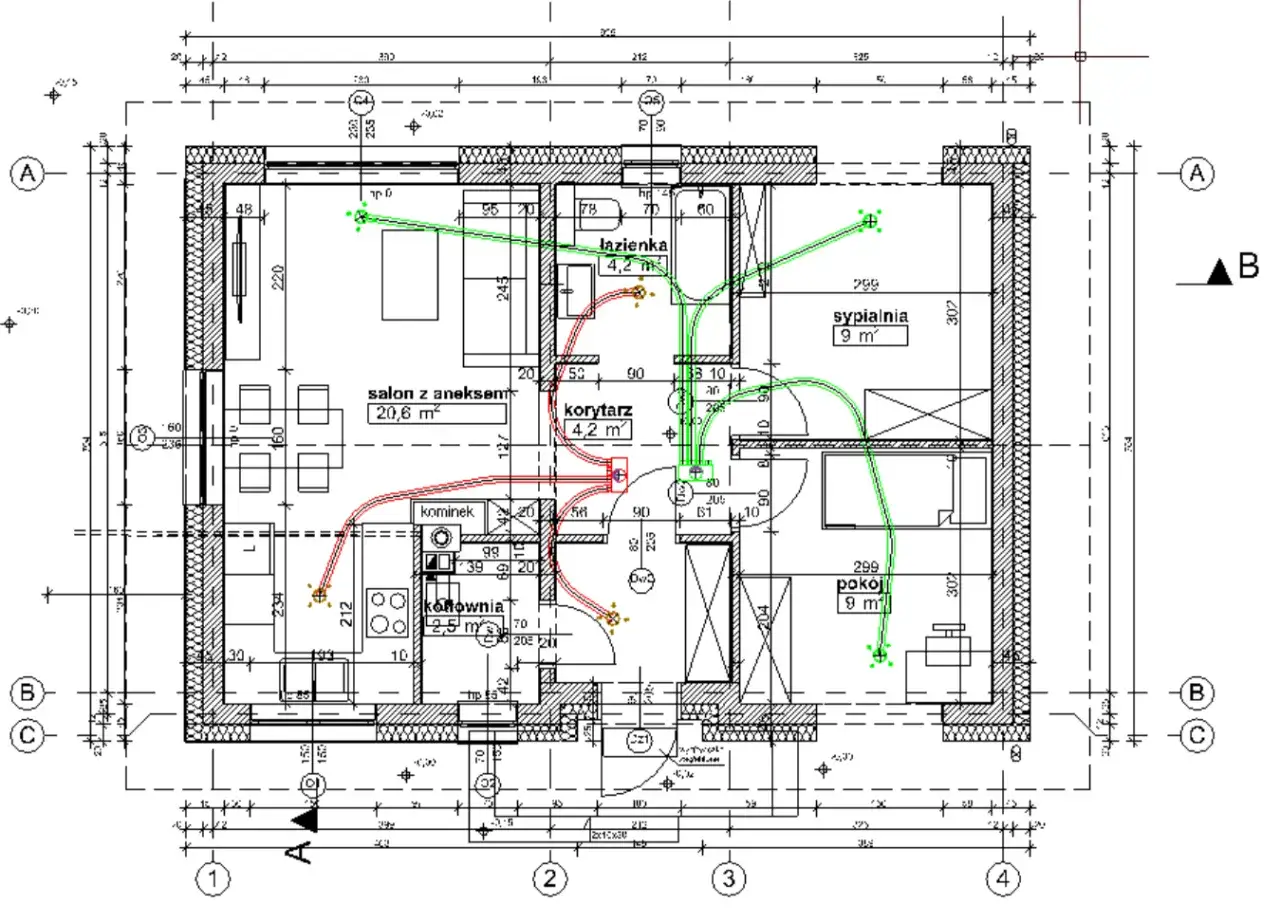 Plan mieszkania z zaznaczonymi kanałami wentylacyjnymi. Pokazuje, czy można podłączyć okap do kratki wentylacyjnej w bloku, uwzględniając kuchnię i łazienkę.