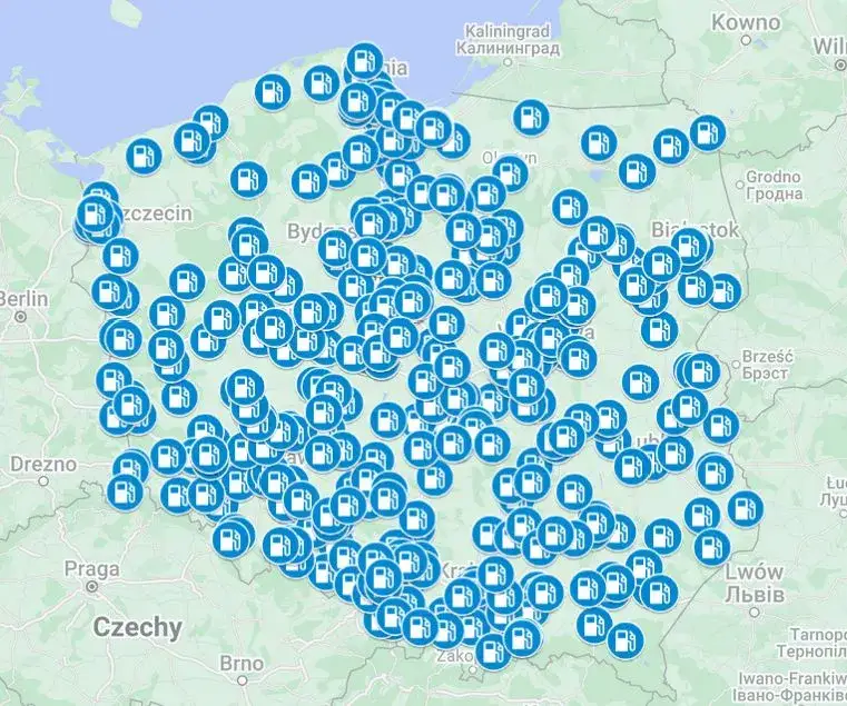 Mapa Polski z zaznaczonymi stacjami paliw MOL