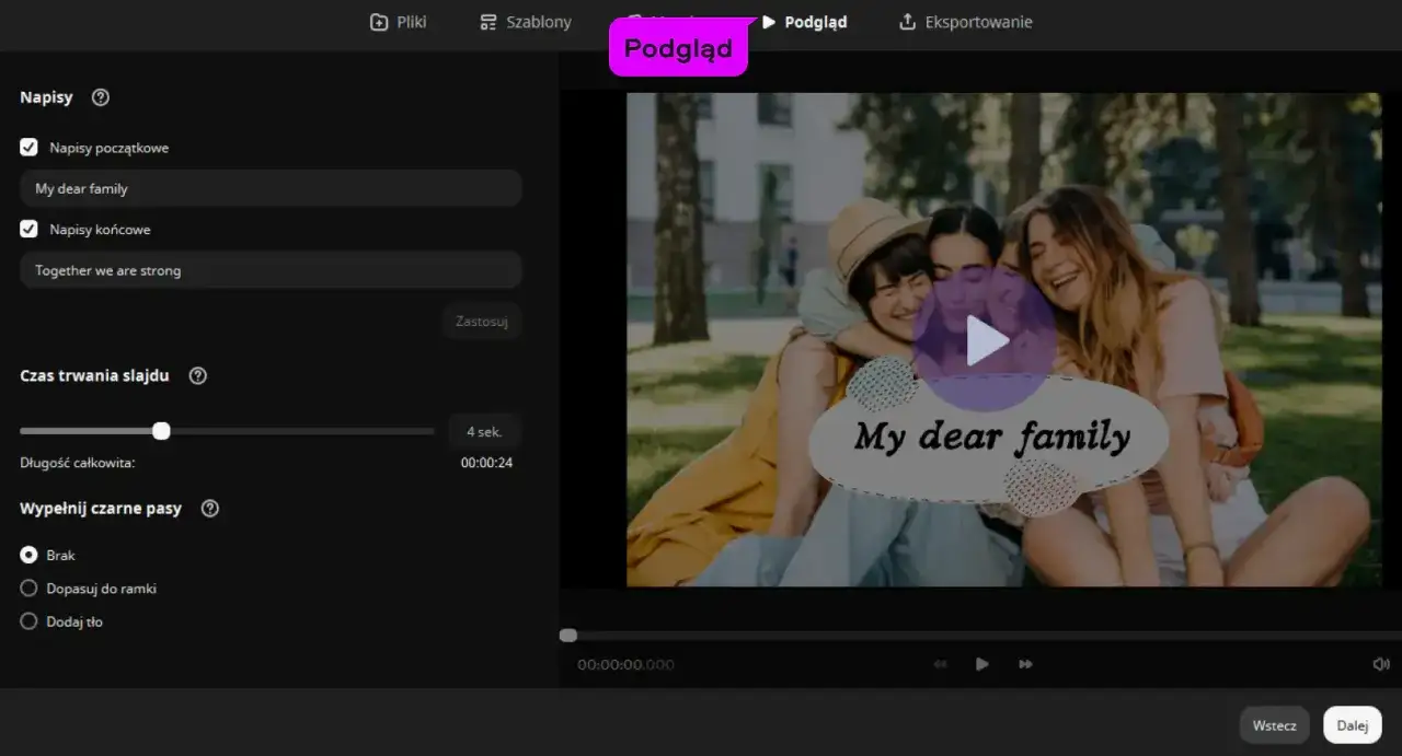 Jak zrobić pokaz slajdów ze zdjęć: edytor pozwala dodać napisy początkowe i końcowe, np. 
