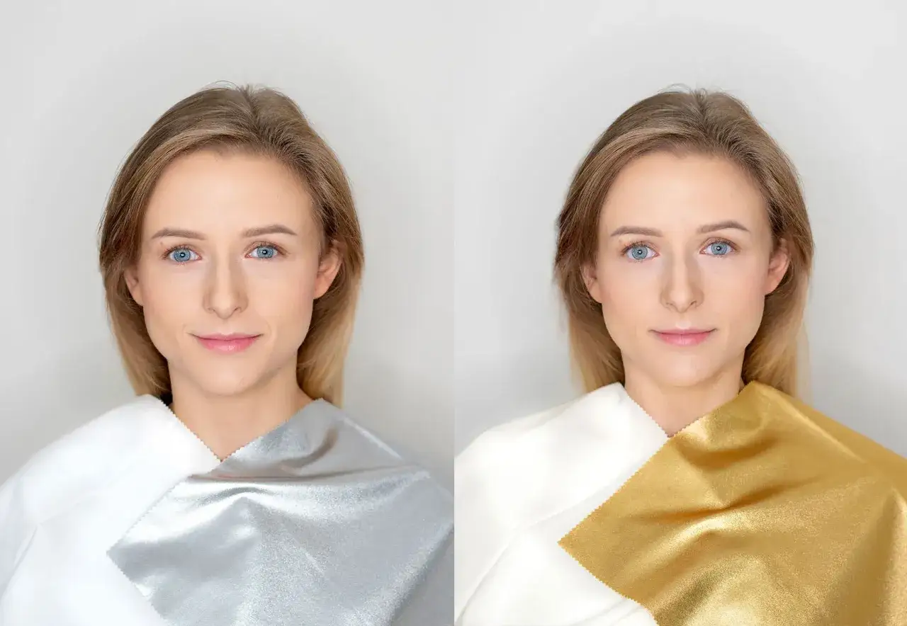 Jasne lato typ urody. Por&oacute;wnanie odcieni: chłodne srebro podkreśla jej delikatną urodę, podczas gdy ciepłe złoto wydaje się przytłaczać.