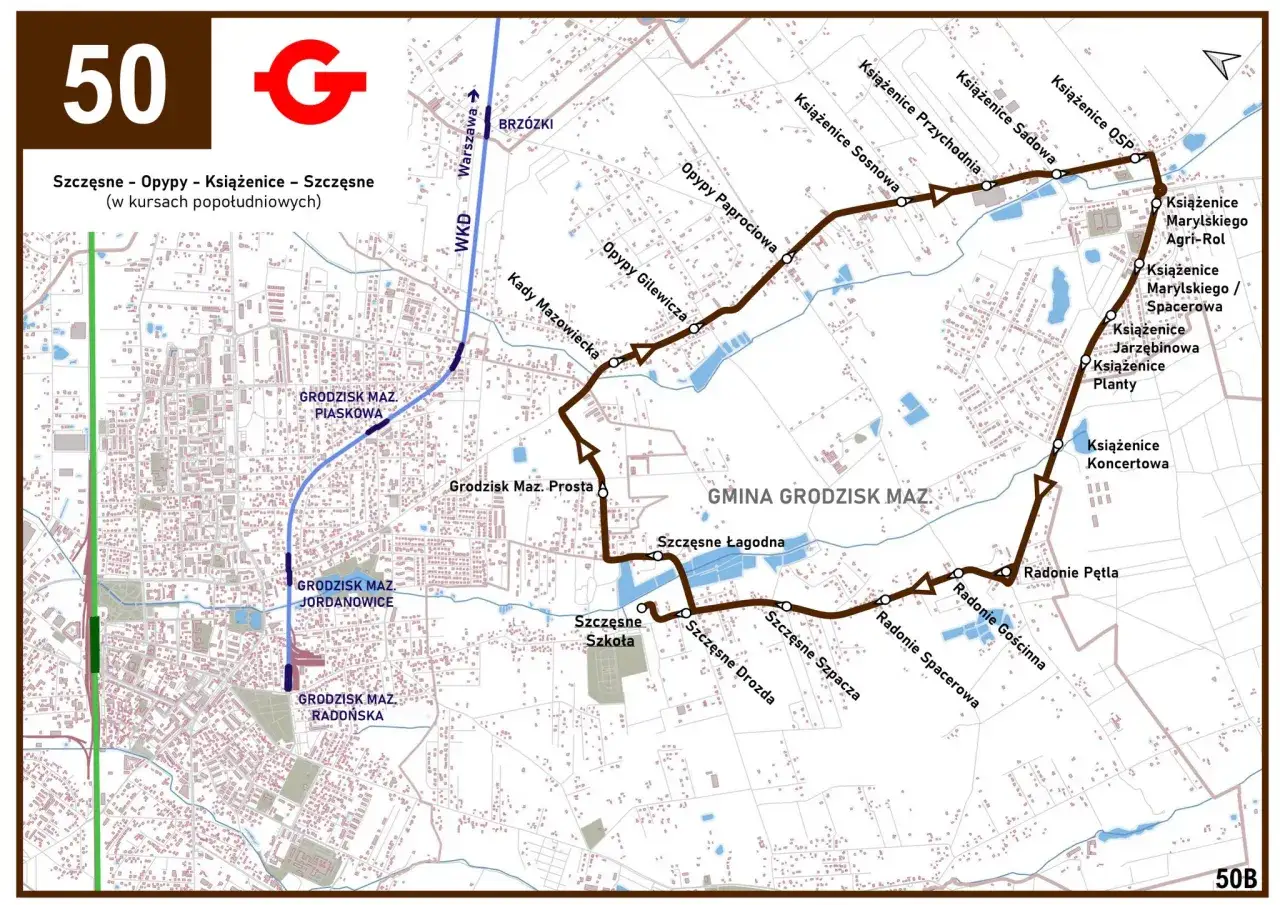 Mapa z trasą autobusu 50B w Grodzisku Mazowieckim. Pokazuje przystanki: Szczęsne, Opypy, Książenice.