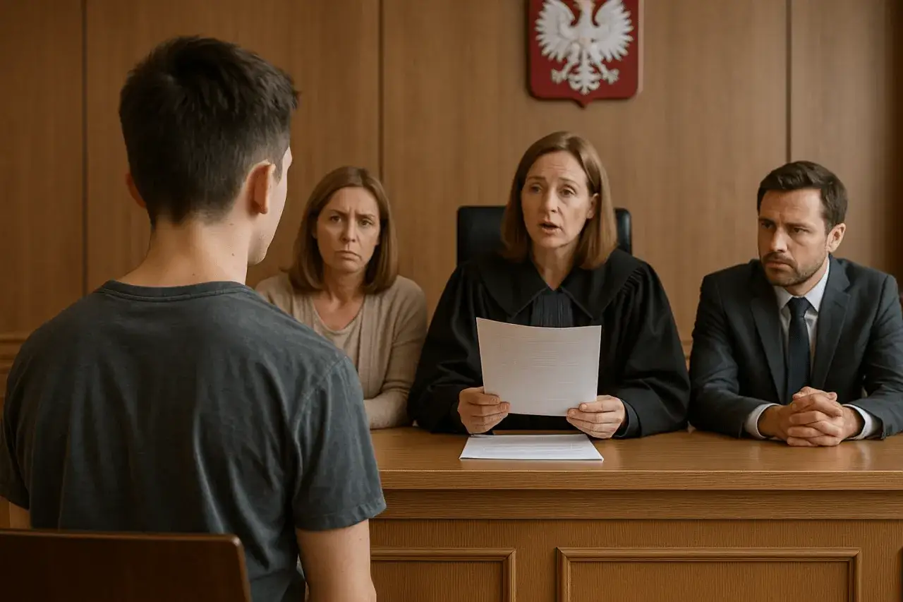 Sąd rozpatruje sprawę młodego chłopaka, który może trafić do poprawczaka dla dzieci. Sędzia czyta dokumenty, obok siedzi zaniepokojona kobieta i mężczyzna.