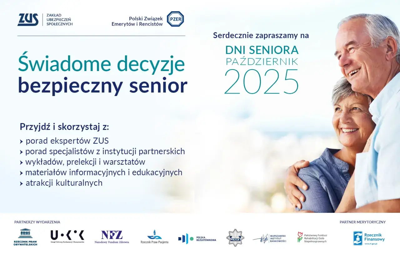 Zaproszenie na Dni Seniora w październiku 2025. Radosna para seniorów cieszy się wspólnym czasem, kiedy jest dzień seniora.