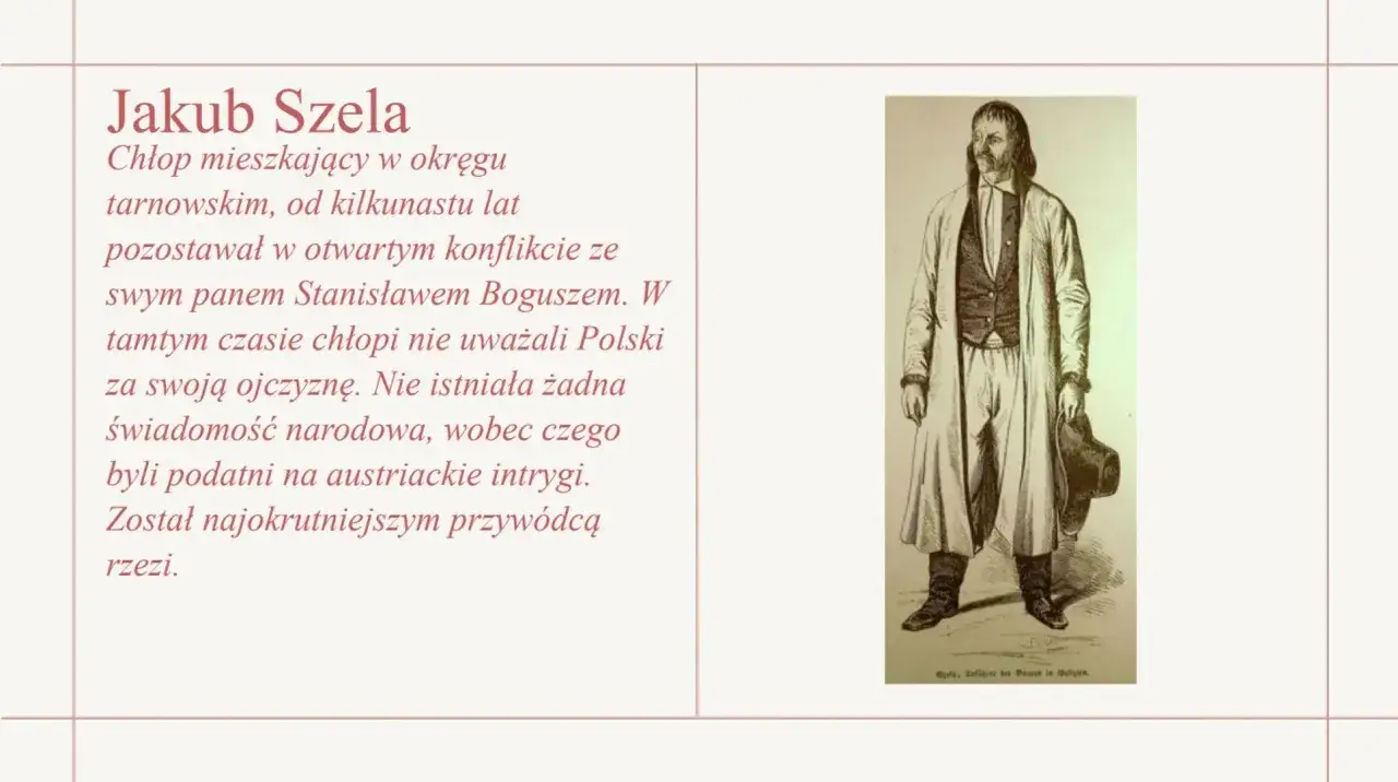 Jakub Szela, przywódca rabacji galicyjskiej, w stroju ludowym. Jego postać budzi skojarzenia z tragicznym weselem chłopów.