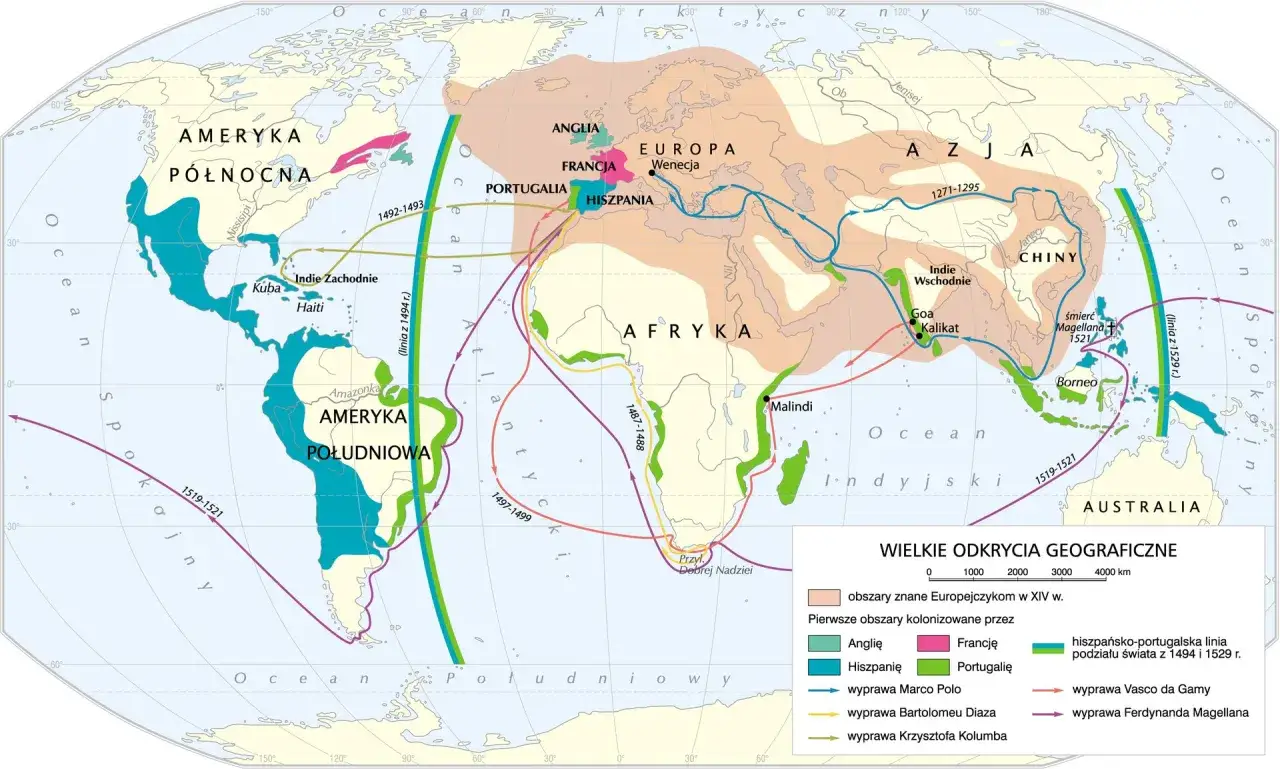 Mapa wielkich odkryć geograficznych. Pokazuje trasy wypraw Kolumba, Vasco da Gamy, Magellana i innych. Kto odkrył Afrykę? Mapa pokazuje odkrycia Portugalczyków i Hiszpanów.