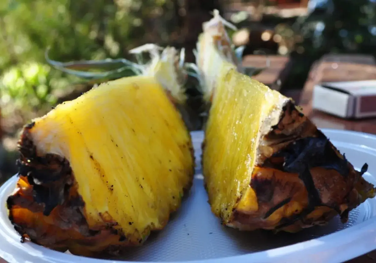 Dwa kawałki soczystego, grillowanego ananasa na białym talerzyku, gotowe do jedzenia.