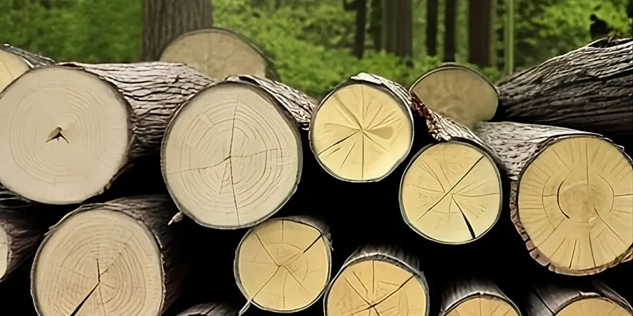Stos świeżo ściętych pni, idealnych na osikę do kominka. W tle las.