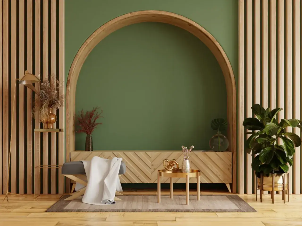 Nowoczesny salon w stylu feng shui dom. Drewniane lamele, łuk, zieleń i złote akcenty tworzą harmonię.