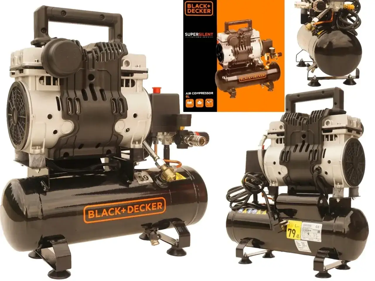 Kompaktowy, czarny **black decker kompresor** z uchwytem i zbiornikiem. Idealny do warsztatu.