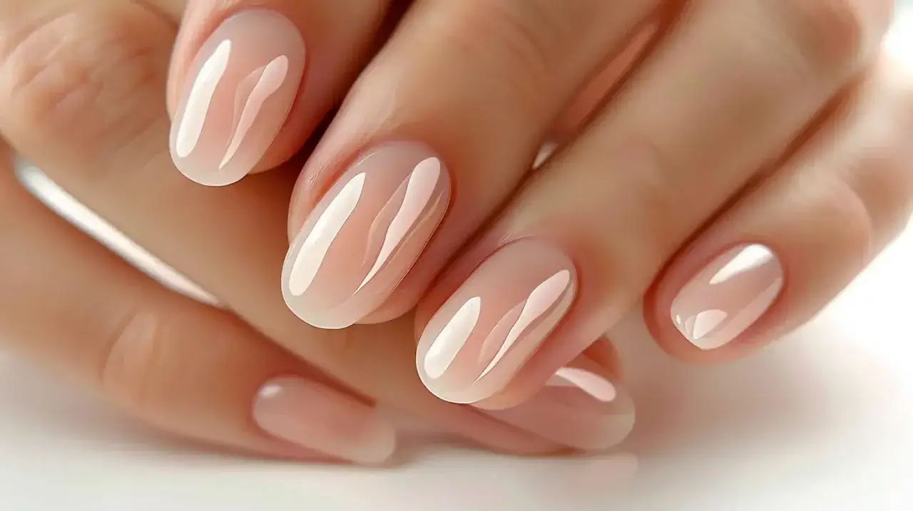 Dłonie z idealnym, naturalnym manicure. Paznokcie są zadbane, bez śladu łamiących się paznokci, z subtelnym połyskiem.