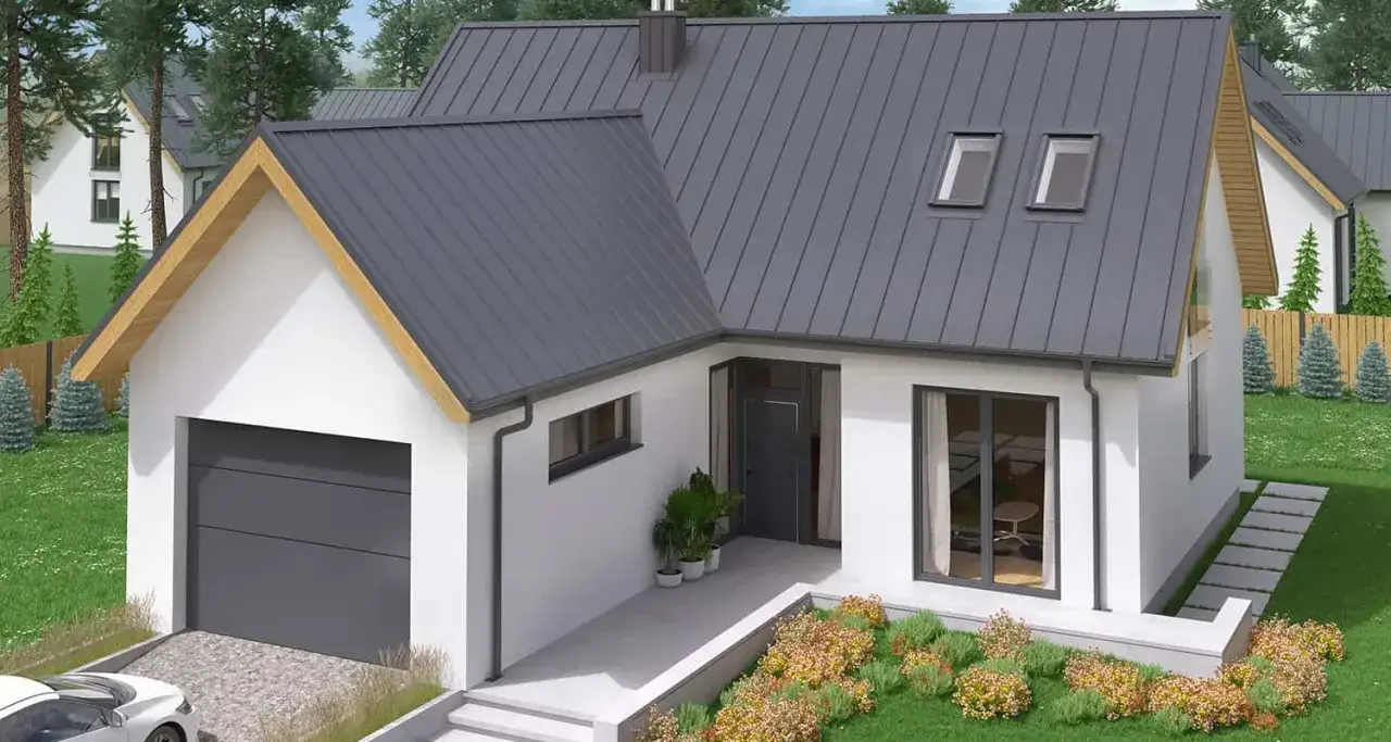Nowoczesny dom z szarym dachem z blachy na rabek, garażem i zadbanym ogrodem.