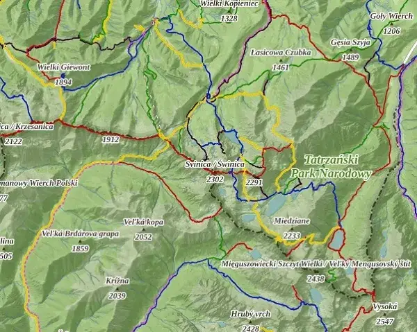 Mapa turystyczna z poziomicami i szlakami