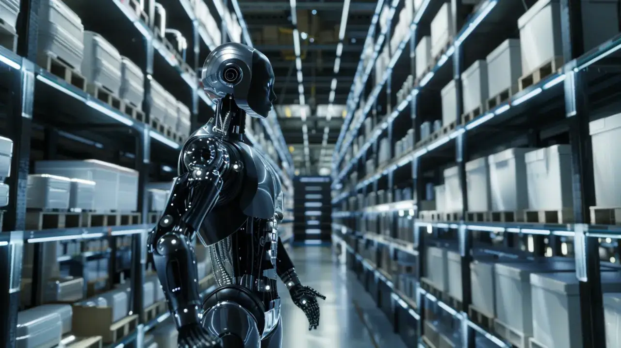 Robot w magazynie pełnym paczek. To przykład innowacji w logistyce, gdzie automatyzacja usprawnia procesy.