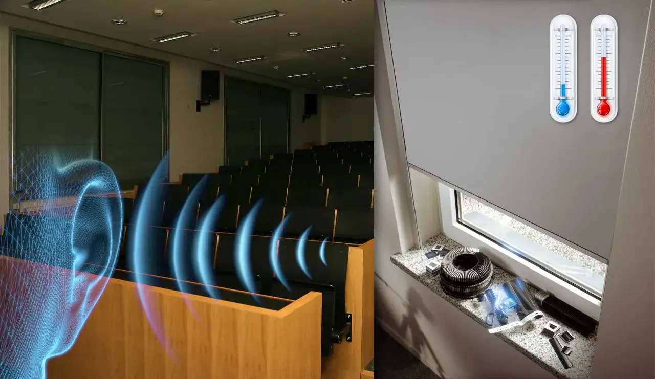 Słuchawki i fale dźwiękowe w sali wykładowej, obok okna z roletą i termometrami. Dowiedz się, jak wyciszyć okna.