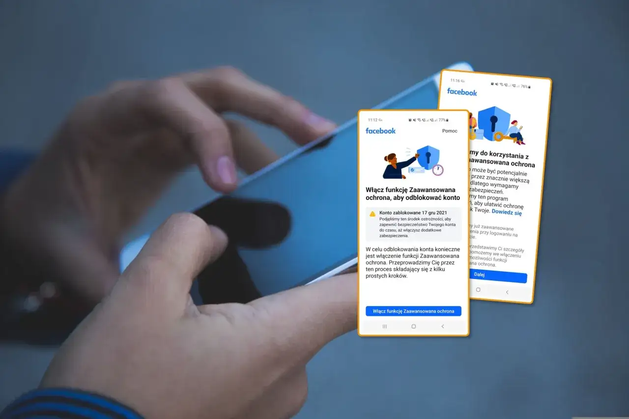 Ręce trzymające telefon z ekranem Facebooka pokazującym instrukcje, jak odblokować aplikacje na Facebooku.