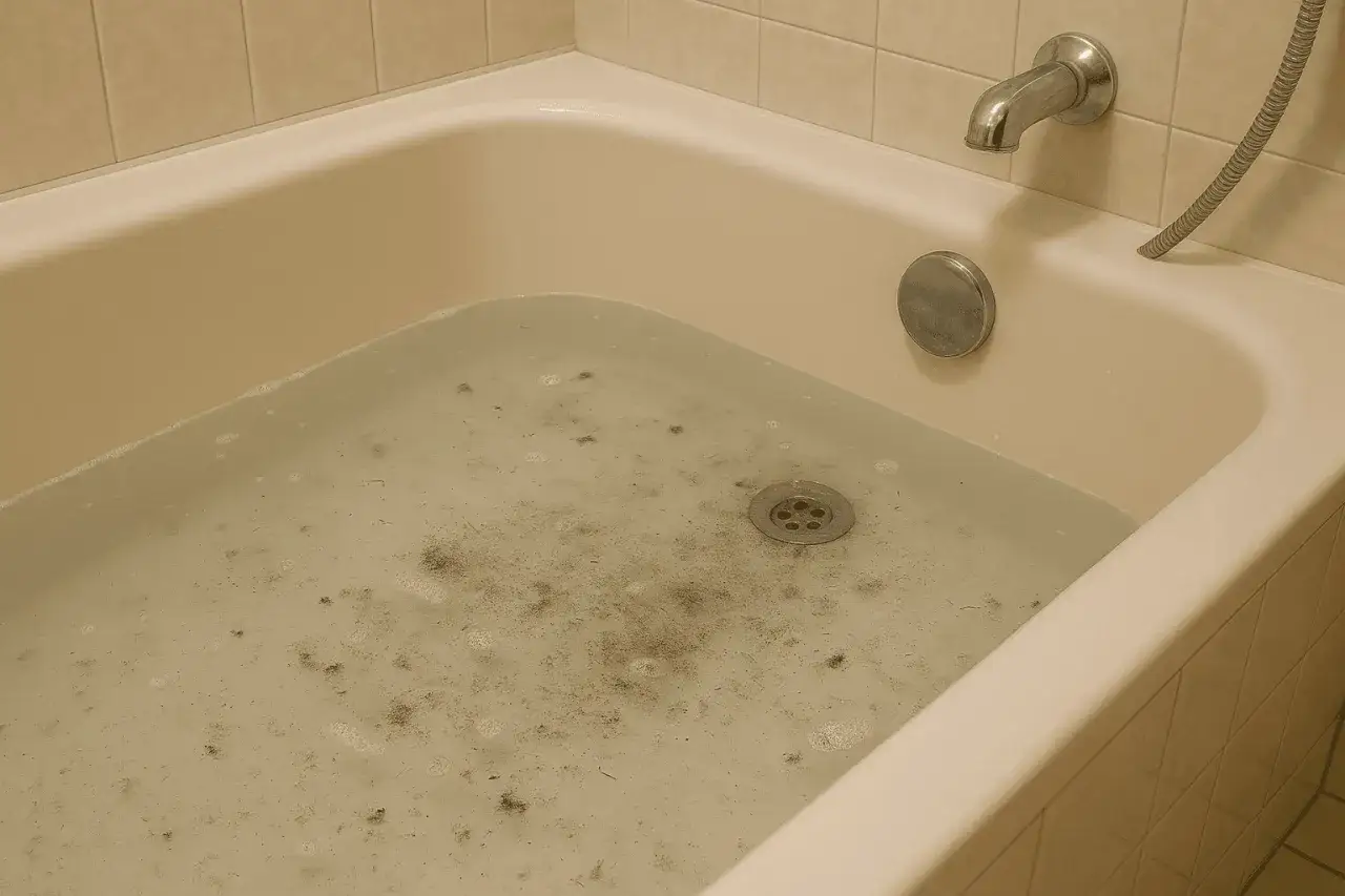 Wanna z wodą i włosami, problem z tym, jak odkręcić odpływ w wannie.