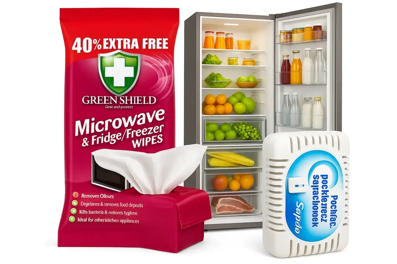 Chcesz wiedzieć, co pochłania zapachy w lodówce? Zobacz chusteczki Green Shield i pochłaniacz zapachów Sapdo.