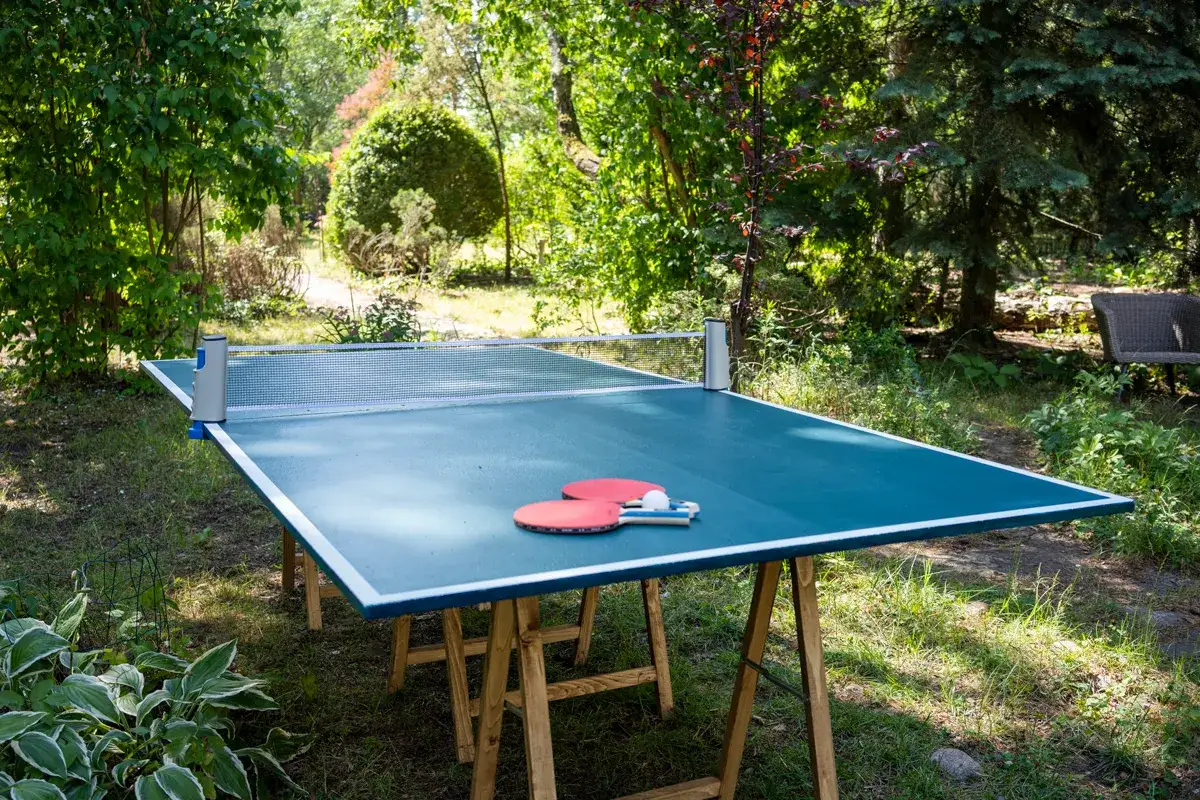 Stół do ping ponga w ogrodzie, gotowy do gry. Dwie rakietki i piłeczka czekają na graczy. Idealne miejsce, by dowiedzieć się, jak zrobić stół do ping ponga.