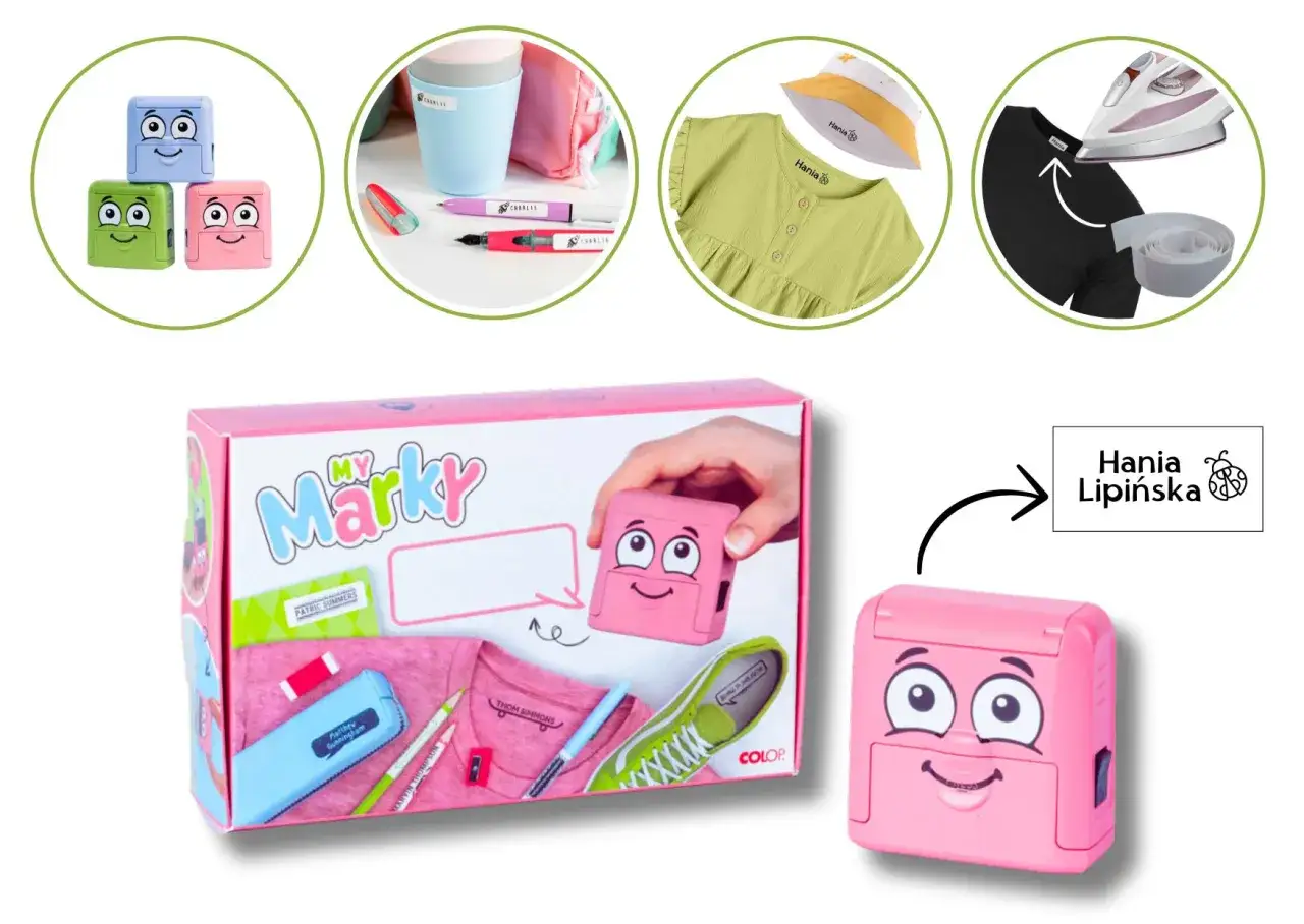 Zestaw My Marky ułatwia podpisanie ubrań do przedszkola. Stemple z imieniem i nazwiskiem dziecka, taśma do naprasowania i pisaki.