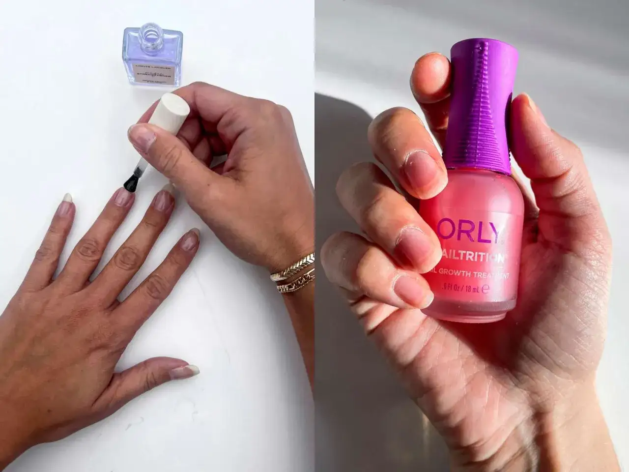 Pielęgnacja paznokci u rąk: aplikacja odżywki wzmacniającej i prezentacja produktu ORLY Nailtrition.