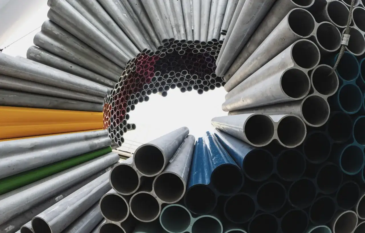 Stalowe rury ułożone w okrągły kształt, ukazujące rozszerzalność cieplną stali. Różne kolory i rozmiary rur.