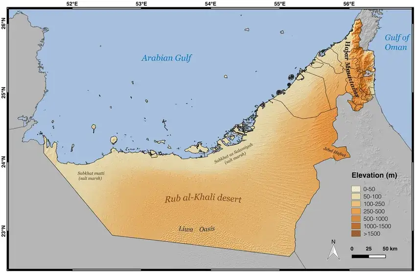 Mapa Zjednoczonych Emirat&oacute;w Arabskich z zaznaczonym Dubajem