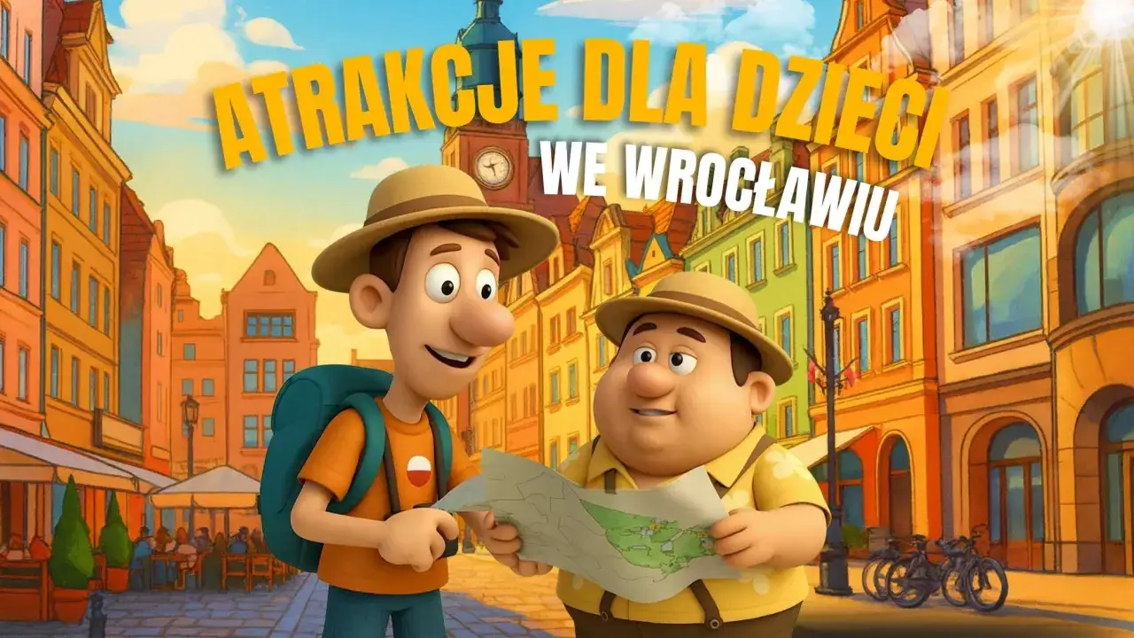 Dwóch przyjaciół z mapą szuka atrakcji dla dzieci we Wrocławiu. Kolorowe kamienice i słoneczny dzień zachęcają do zwiedzania.