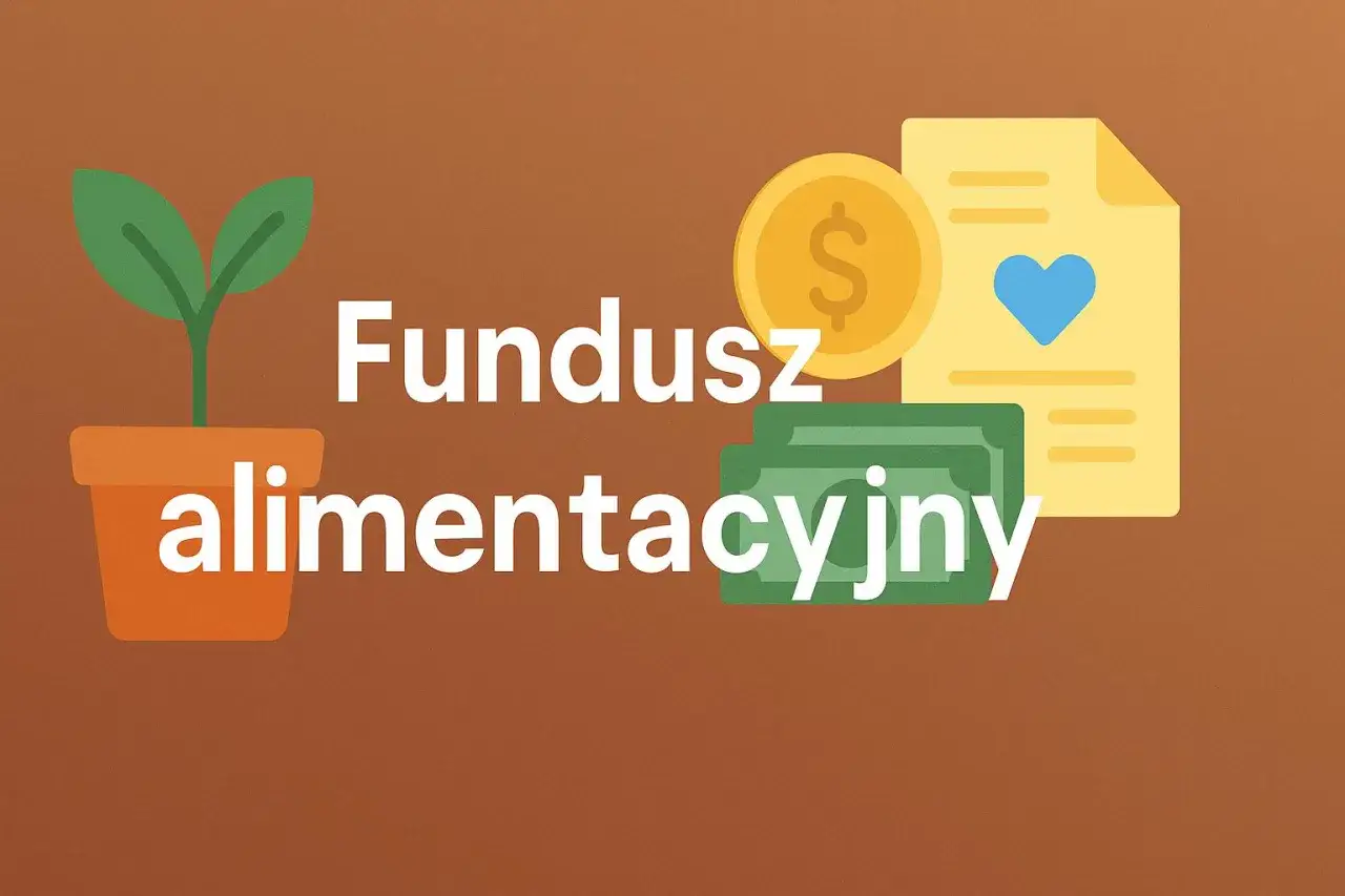 Kiedy fundusz alimentacyjny może zabrać alimenty? Ilustracja przedstawia doniczkę z rośliną, monetę, banknoty i dokument z sercem.