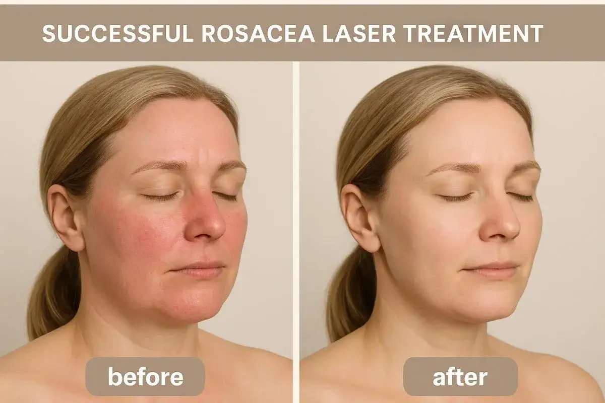 Przed i po laserowym usuwaniu rumienia. Sk&oacute;ra twarzy przed zabiegiem jest zaczerwieniona, po zabiegu rumień jest zredukowany.