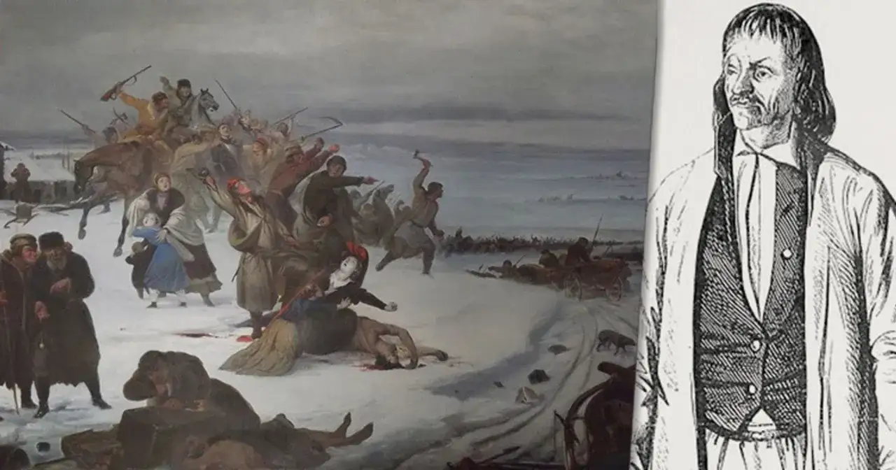 Obraz przedstawia brutalną rabację galicyjską, gdzie chłopi z kosami i siekierami atakują szlachtę. Obok portret przywódcy powstania.