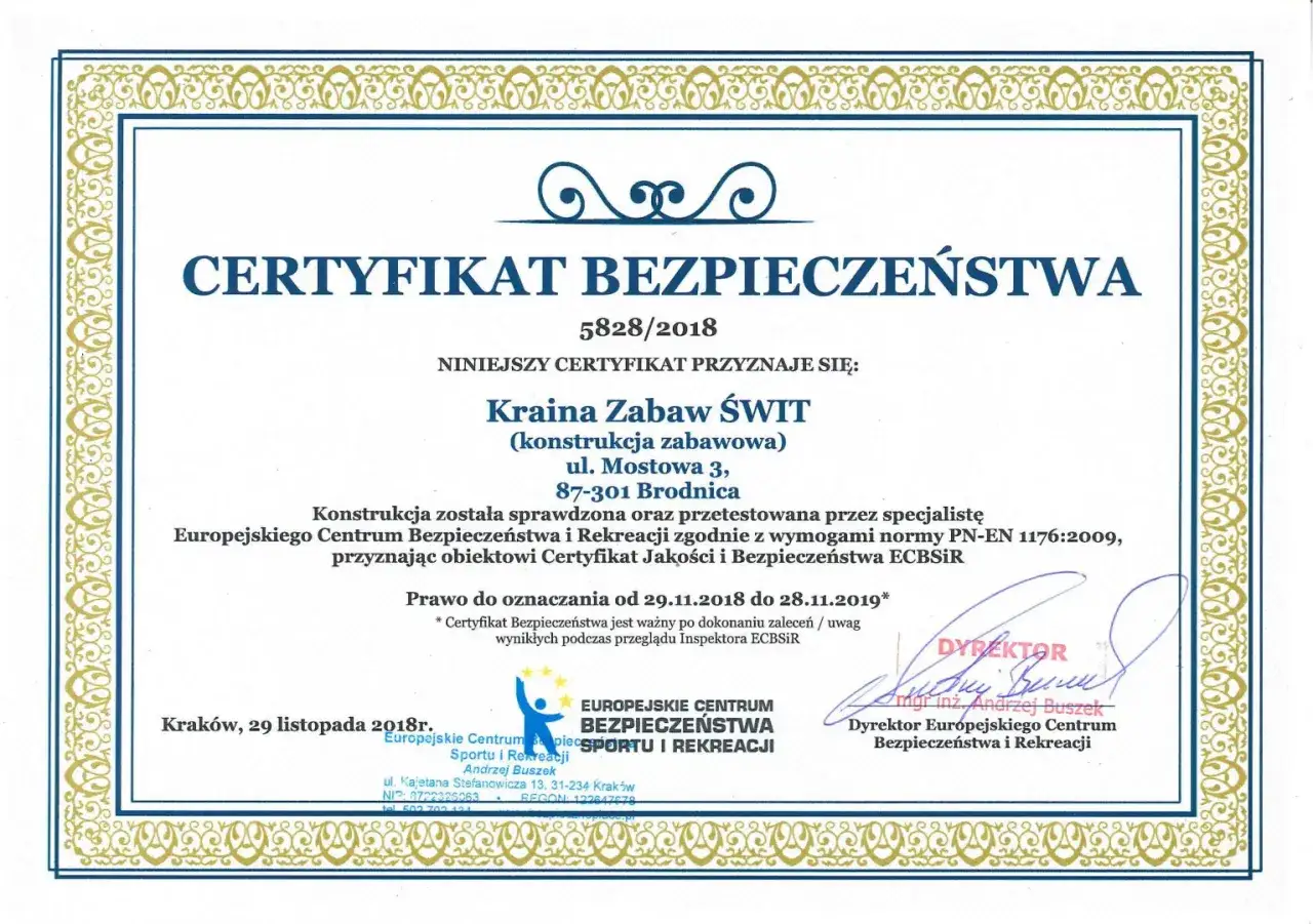 Plac zabaw certyfikat bezpieczeństwa