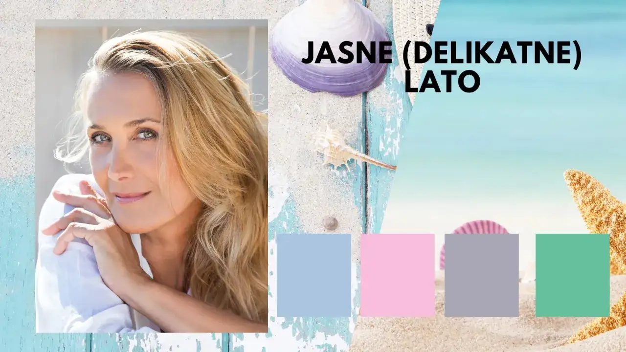 Kobieta o jasnych włosach i zielonych oczach, idealna dla typu urody jasne lato. Paleta barw plażowych.