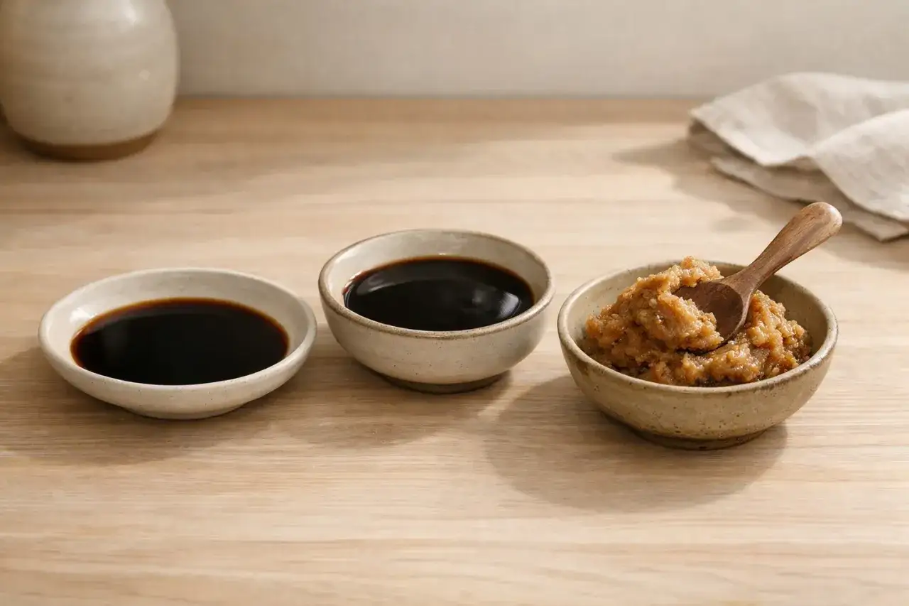 Trzy miseczki z sosami na drewnianym stole. Dwie zawierają ciemny sos sojowy shoyu, jedna pastę miso z drewnianą łyżką.