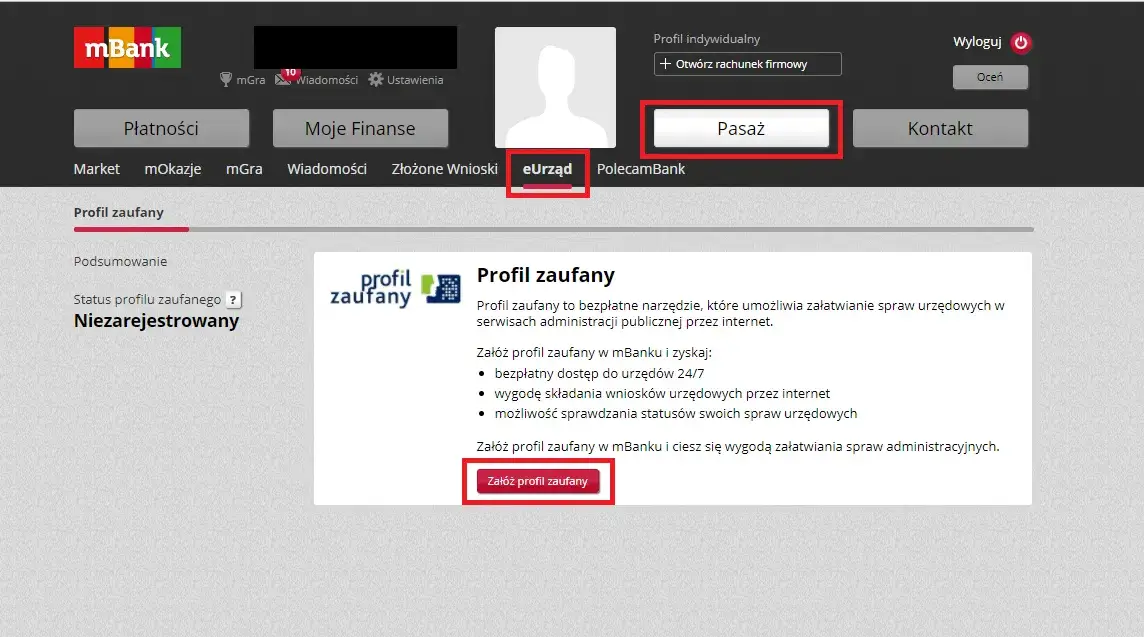 Zrzuty ekranu z procesu zakładania profilu zaufanego w mBanku