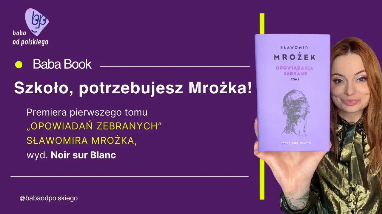 Kobieta prezentuje tom opowiadań Mrożka, sugerując, że jego tw&oacute;rczość pomaga zrozumieć człowieka wobec presji otoczenia.