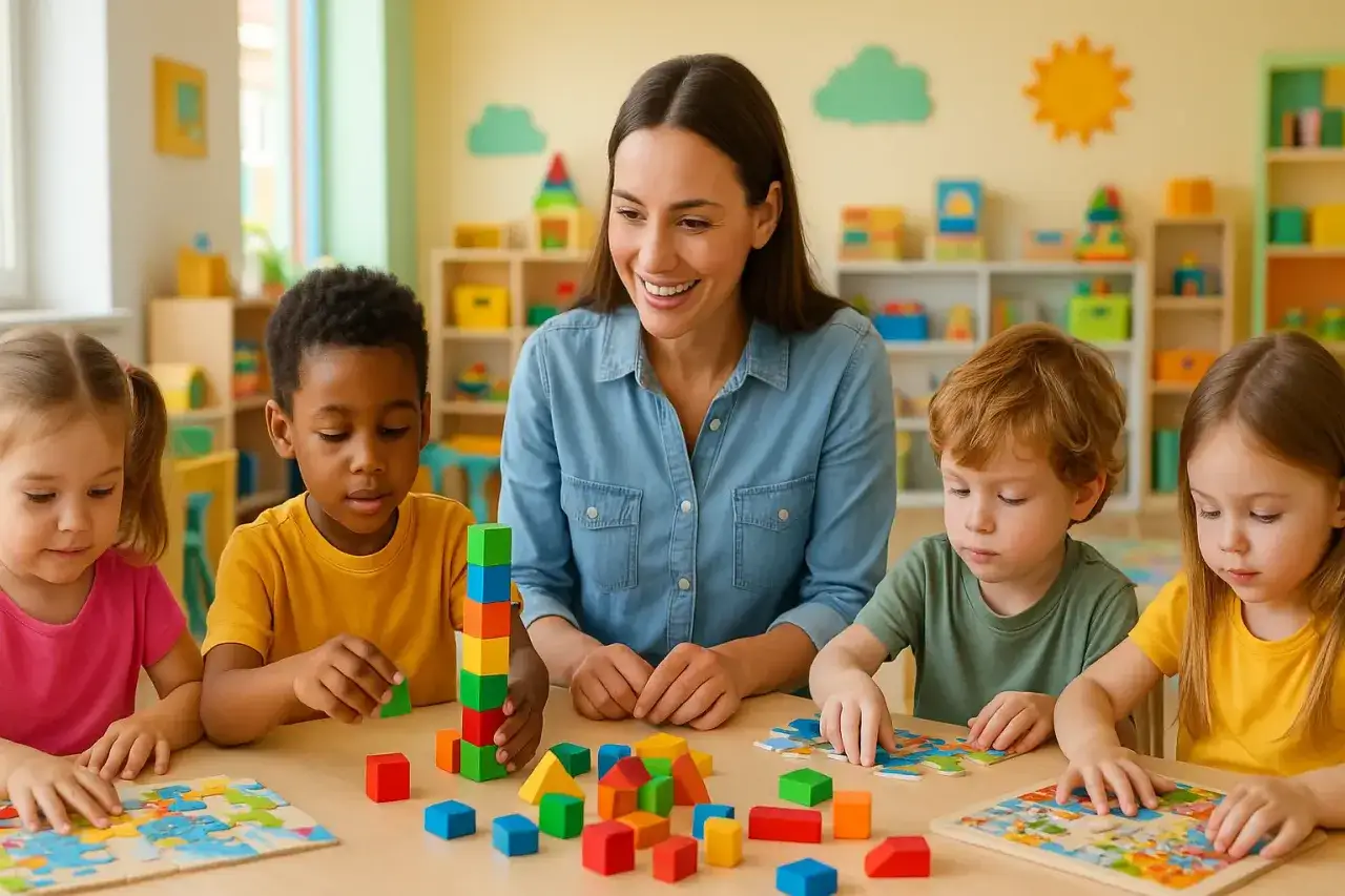 Nauczycielka z uśmiechem pokazuje, jak prowadzić zajęcia z dziećmi, budując wieżę z klocków i układając puzzle.