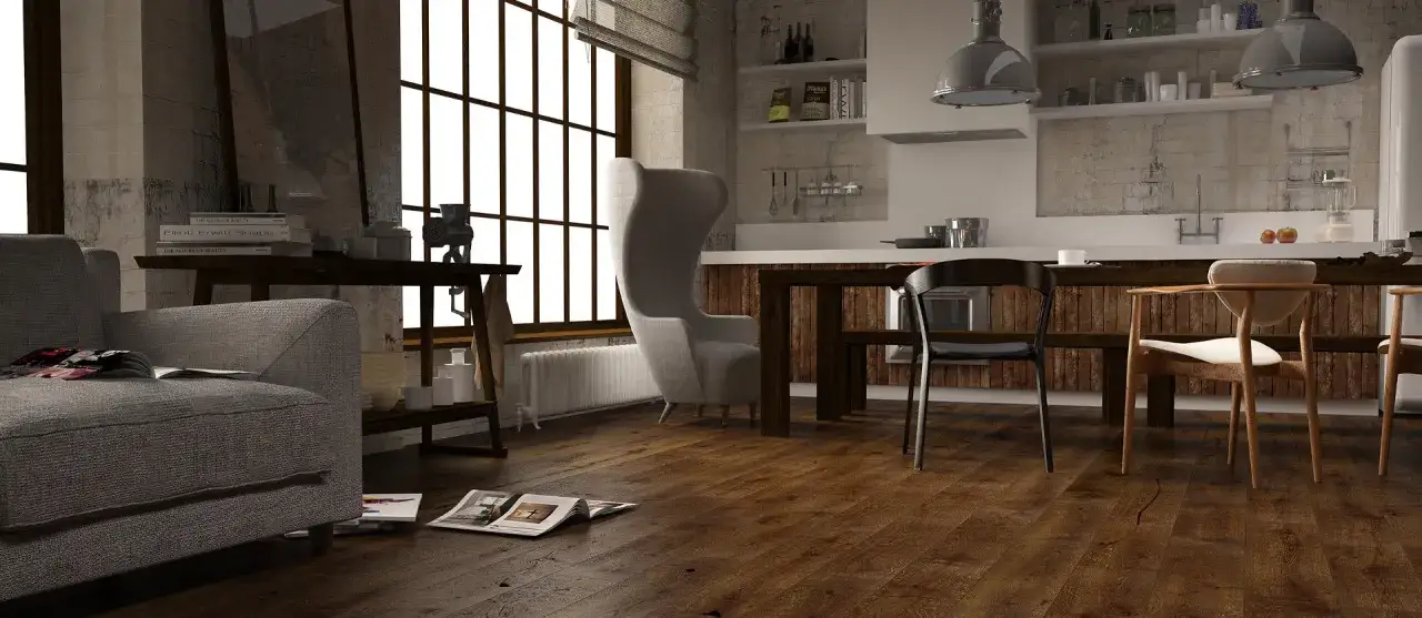 Stylowe aranżacje pokoju z ciemną podłogą. Wygodna sofa, designerskie krzesła i kuchnia w industrialnym stylu tworzą przytulną przestrzeń.