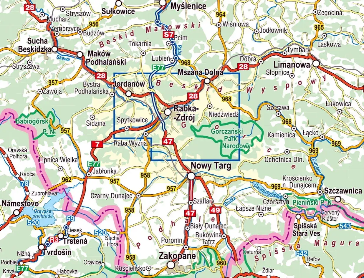 Gorce i Tatry: mapa turystyczna z gorce miejscowościami jak Rabka-Zdrój, Nowy Targ, Zakopane.