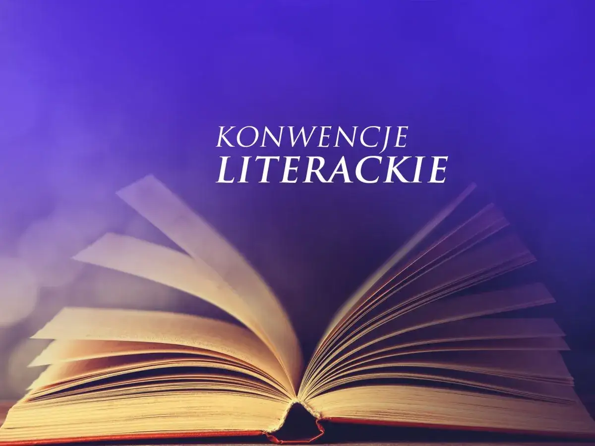 Otwarta księga, z której stron wylatują litery, symbolizuje konwencje literackie.