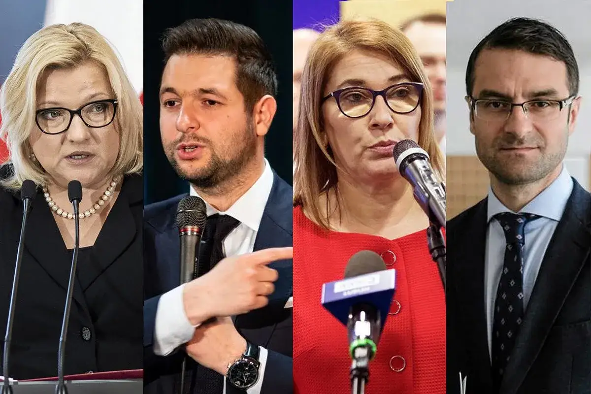 Cztery twarze europosłów z Polski: kobiety w okularach i czarnej marynarce, mężczyzna w garniturze, kobieta w czerwonej bluzce i mężczyzna w granatowym garniturze.