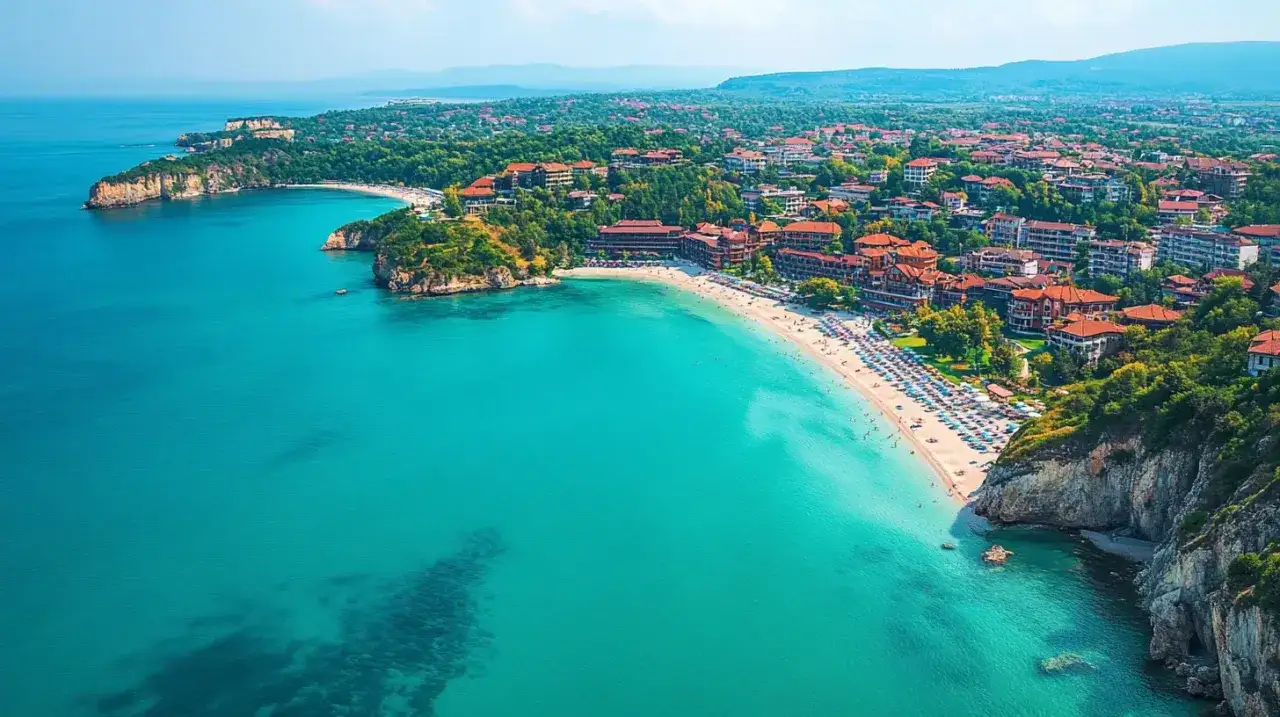Turkusowe Morze Czarne, czyste i przejrzyste, obmywa piaszczystą plażę z leżakami i hotelami.
