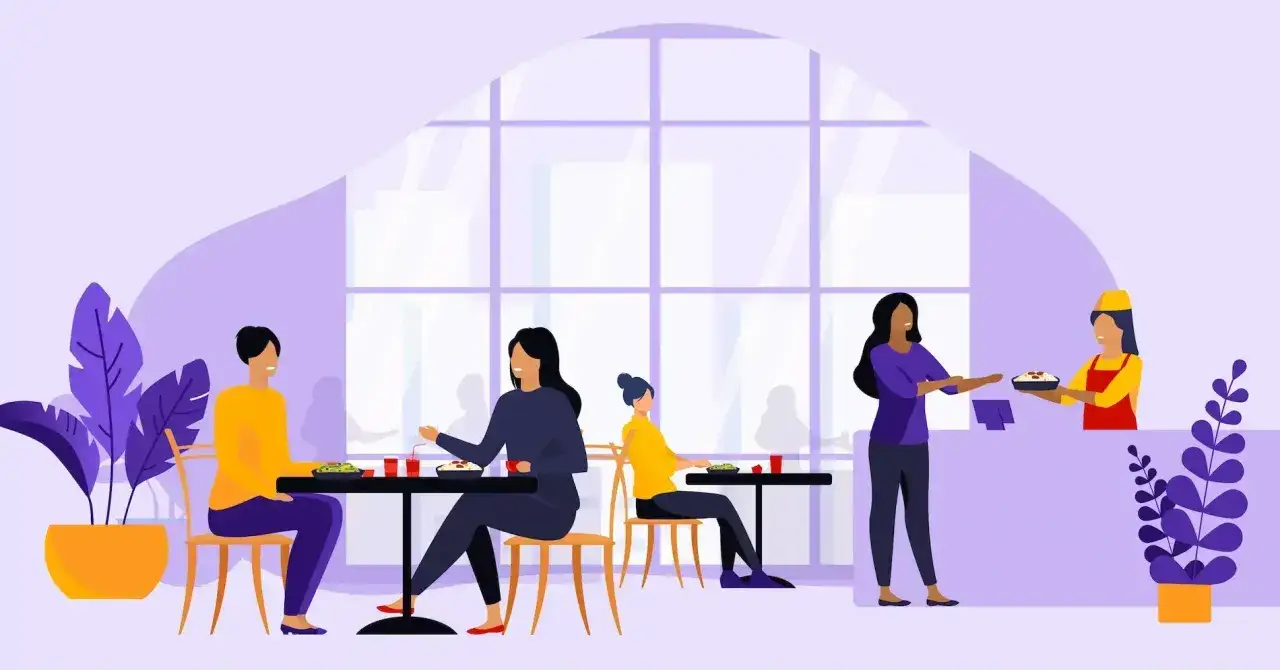 Szukasz najlepszych firm oferujących catering dla biur w dużych miastach? W tej ilustracji widzimy ludzi jedzących w restauracji, co może być inspiracją.