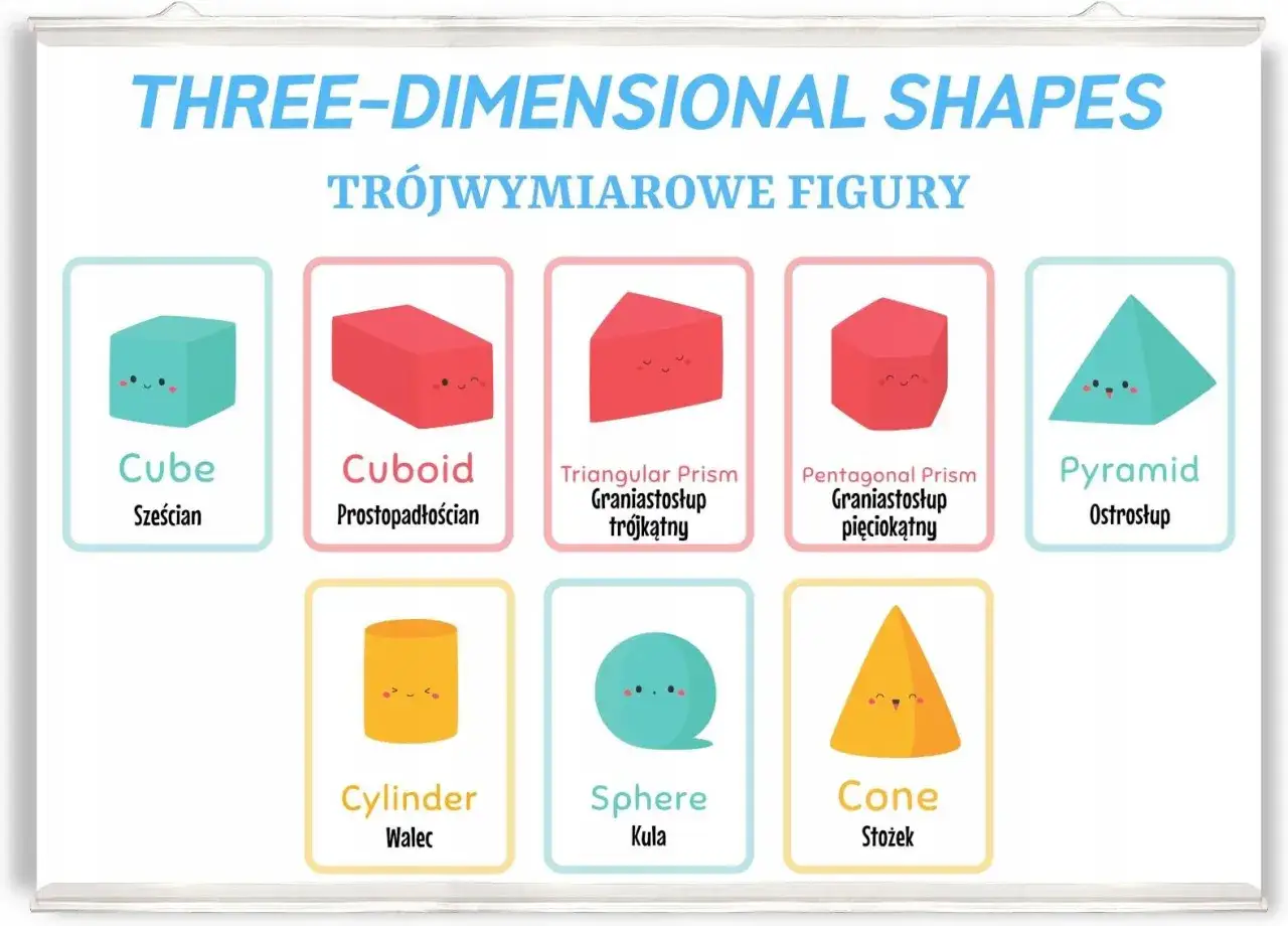 Różne figury przestrzenne 3D z nazwami po angielsku