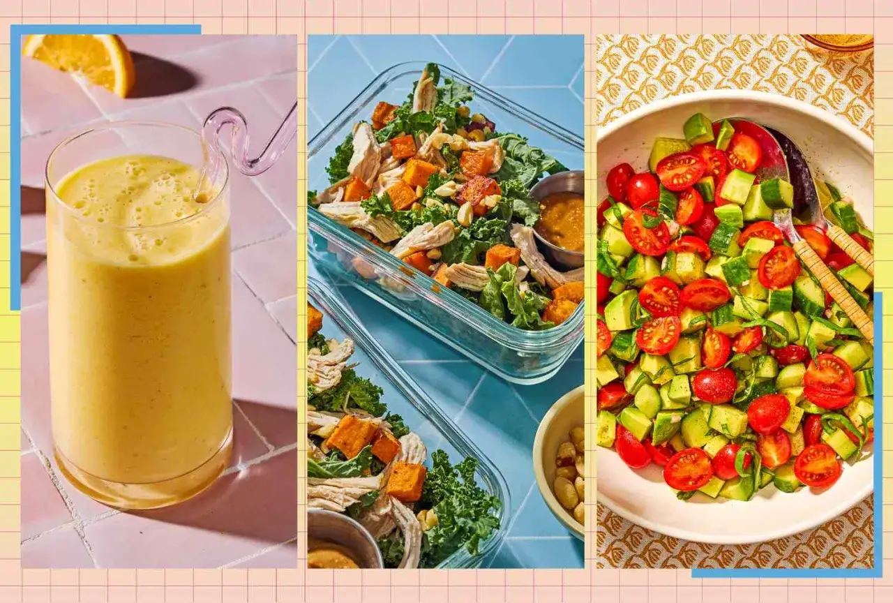 Zdrowe posiłki: smoothie, sałatka z kurczakiem i batatami, sałatka z pomidorów i awokado. Te produkty obniżają ciśnienie.