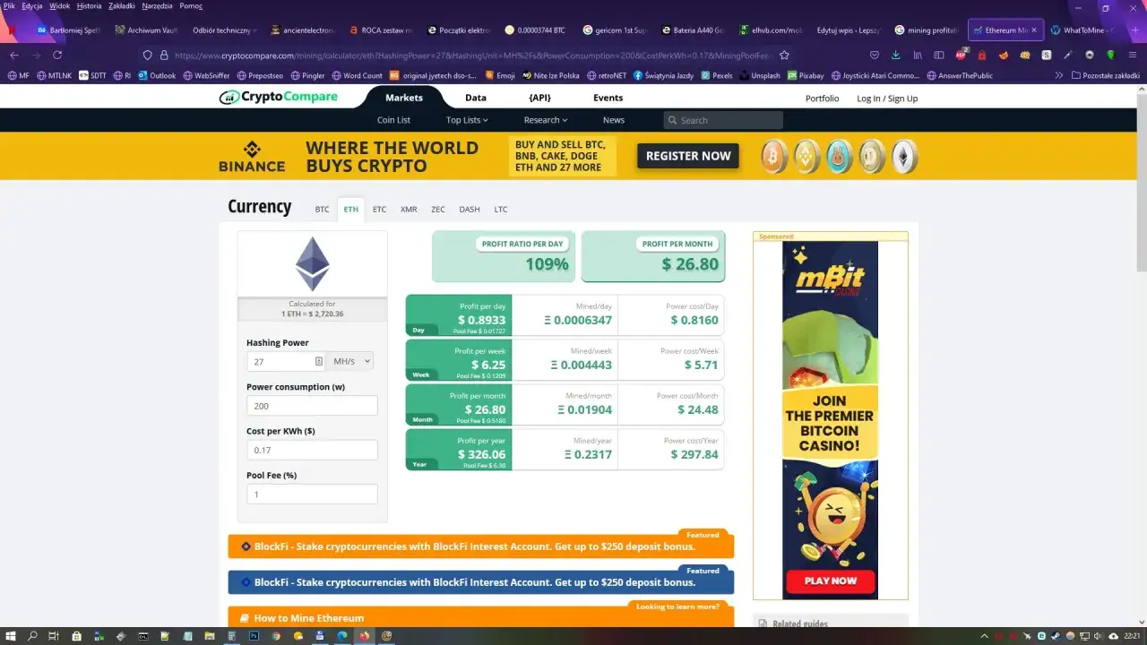 kalkulator opłacalności kopania kryptowalut WhatToMine screenshot