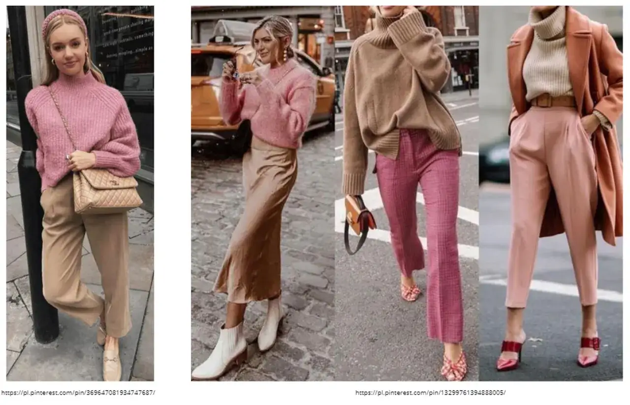 Stylizacje w odcieniach beżowy i kremowy. R&oacute;żowe swetry, satynowe sp&oacute;dnice i eleganckie spodnie tworzą modne zestawy.